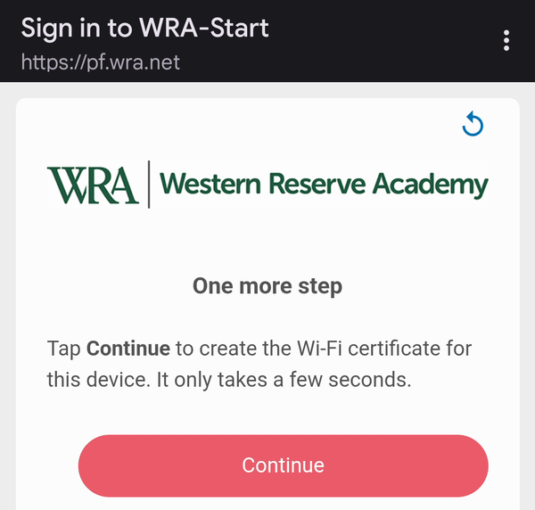 The One more step page with the Continue button