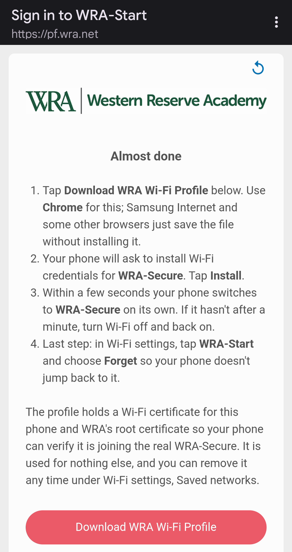 The Almost done page with the Download WRA Wi-Fi Profile button