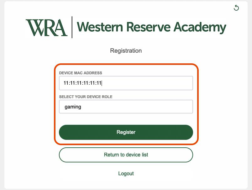 The Registration page with the MAC address and device role filled in