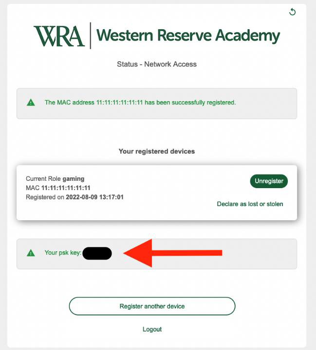 The status page showing the registered device and where your psk key appears