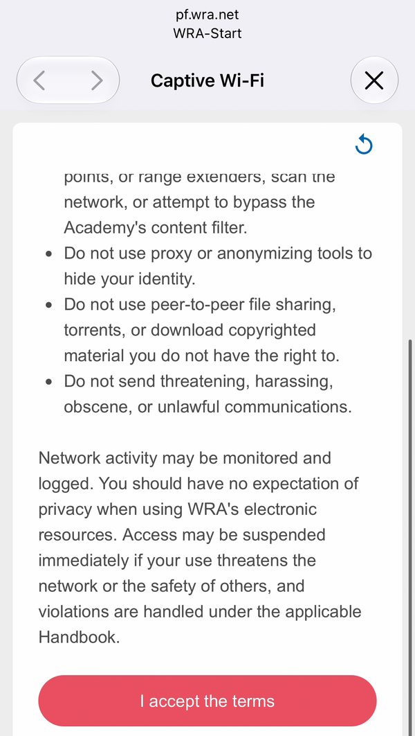 The end of the acceptable-use note with the I accept the terms button