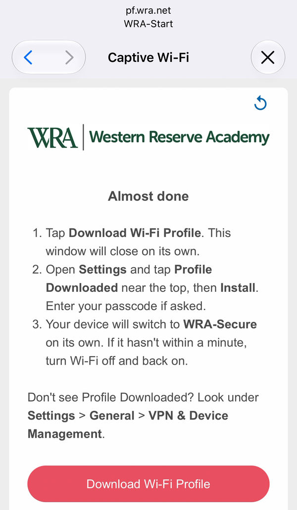 The Almost done page with the Download Wi-Fi Profile button