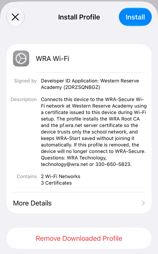 The Install Profile screen for WRA Wi-Fi, signed by Western Reserve Academy