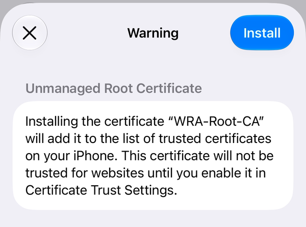 The Warning screen about the WRA-Root-CA certificate