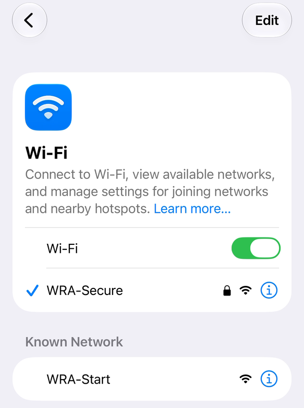 Wi-Fi settings with WRA-Secure connected