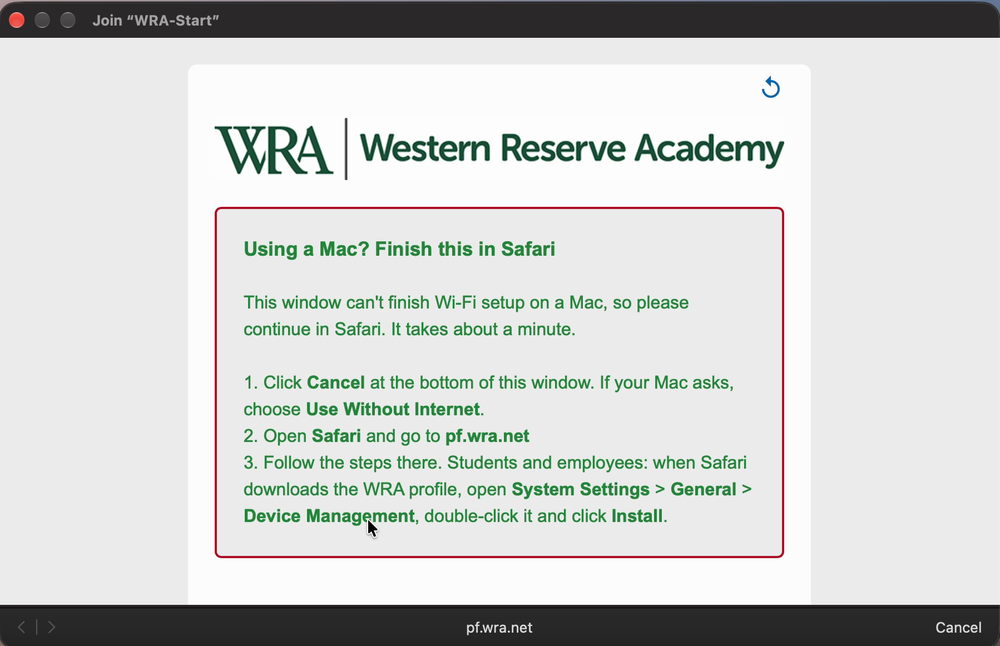 The WRA-Start pop-up window with the Using a Mac message and the Cancel button