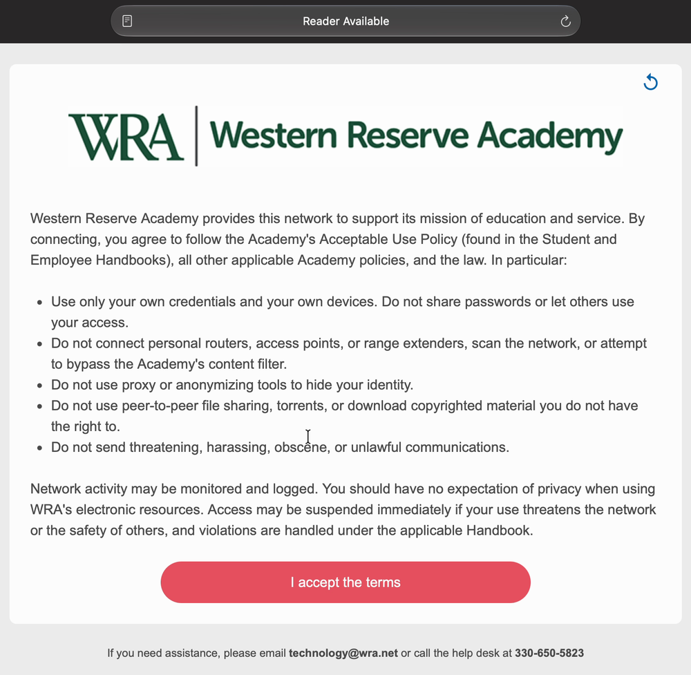 The acceptable-use note in Safari with the I accept the terms button