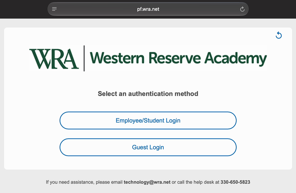 The page with the Employee/Student Login and Guest Login buttons
