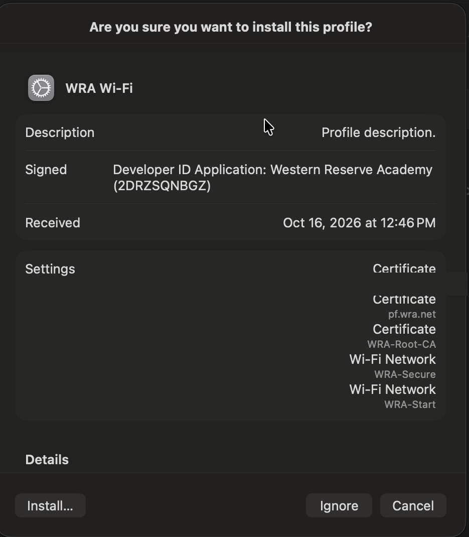 The profile details for WRA Wi-Fi, signed by Western Reserve Academy, with the Install button