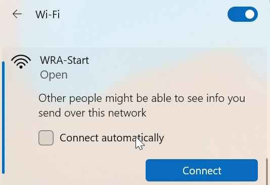 The Wi-Fi list with WRA-Start and the Connect button