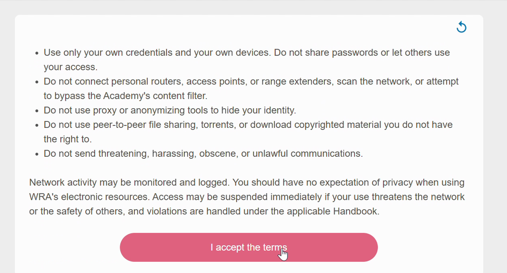 The end of the acceptable-use note with the I accept the terms button