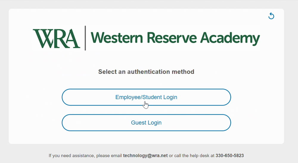 The page with the Employee/Student Login and Guest Login buttons