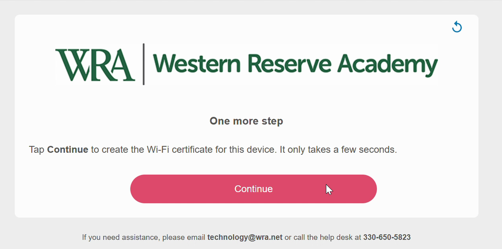 The One more step page with the Continue button