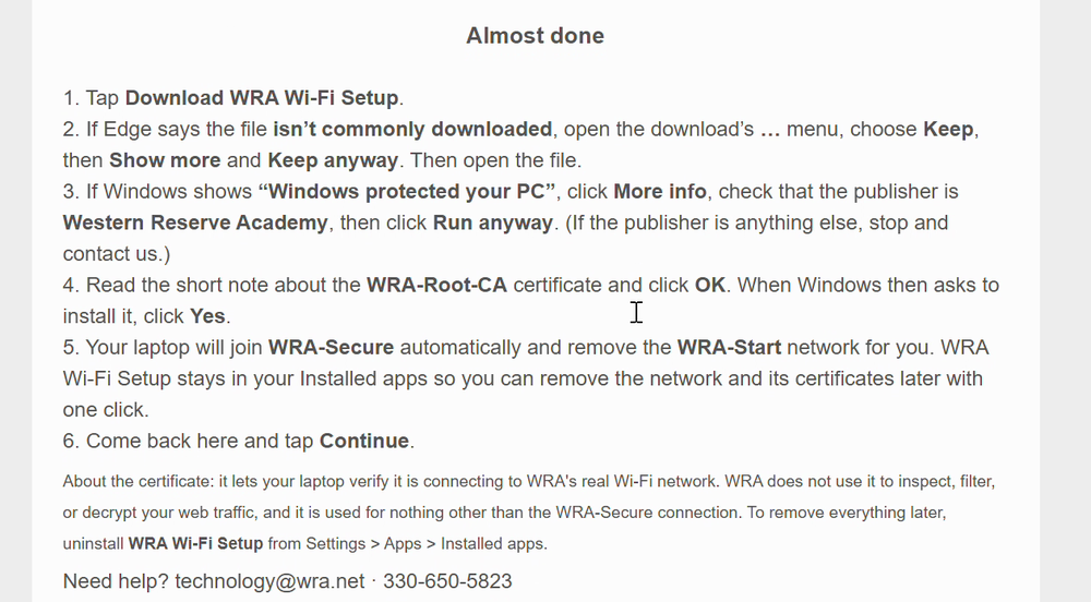 The Almost done page with the Windows steps