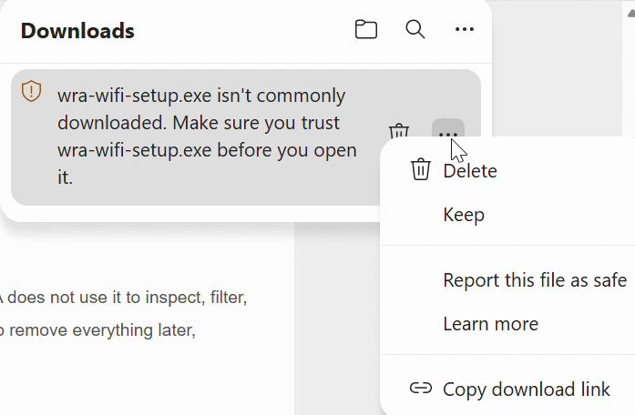 The Edge Downloads list with the … menu open and Keep
