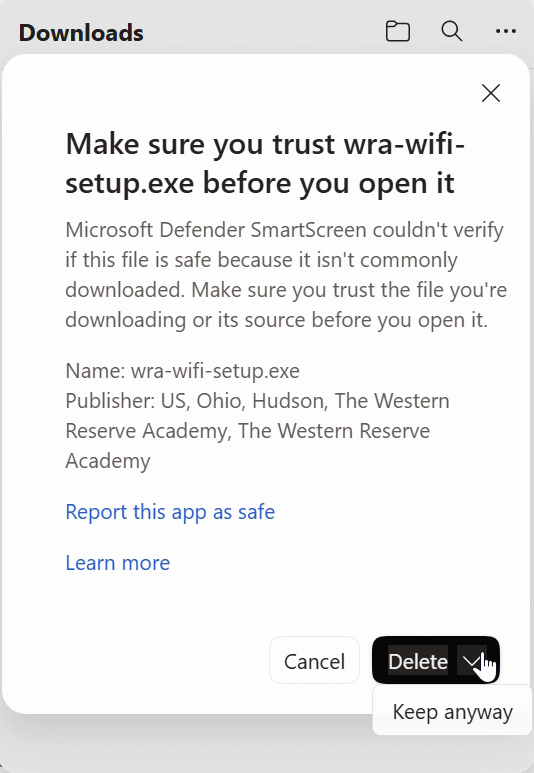 The Make sure you trust wra-wifi-setup.exe box with Keep anyway
