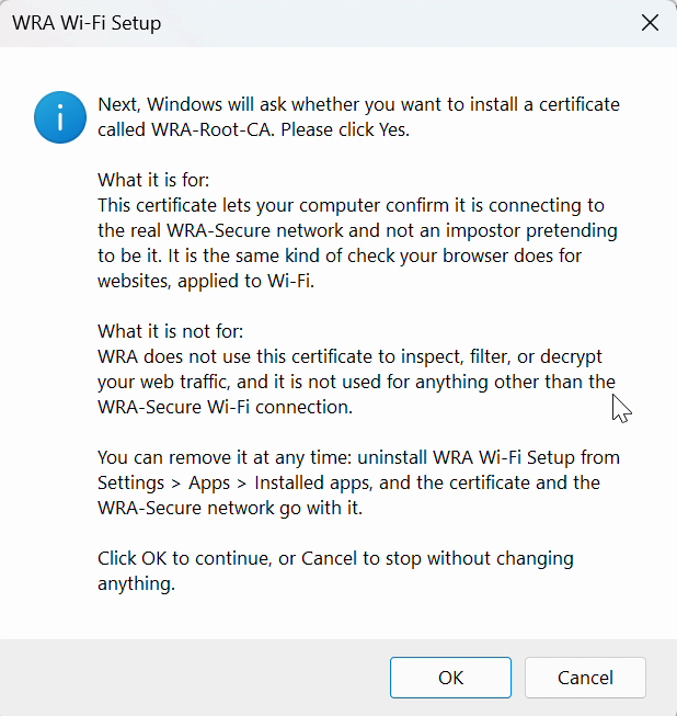 The WRA Wi-Fi Setup note about the WRA-Root-CA certificate with the OK button