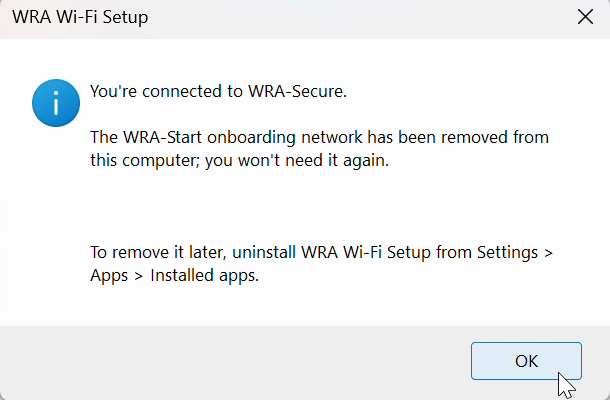 The You're connected to WRA-Secure message with the OK button