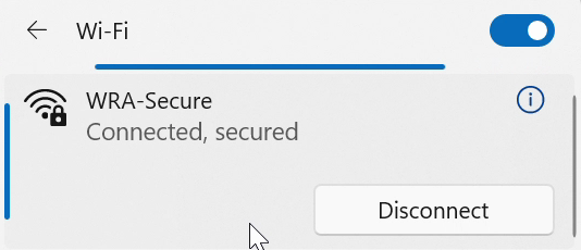The Wi-Fi list with WRA-Secure connected, secured